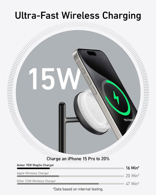 Anker MagSafe Charger. MagGo 3-in-1 Qi2 15W Wireless Charging Station | Qi2-Certified Desktop Accessory Stand. Wireless Charger for iPhone 17 / 16 / 15 / 14 / 13. Apple Watch. and AirPods