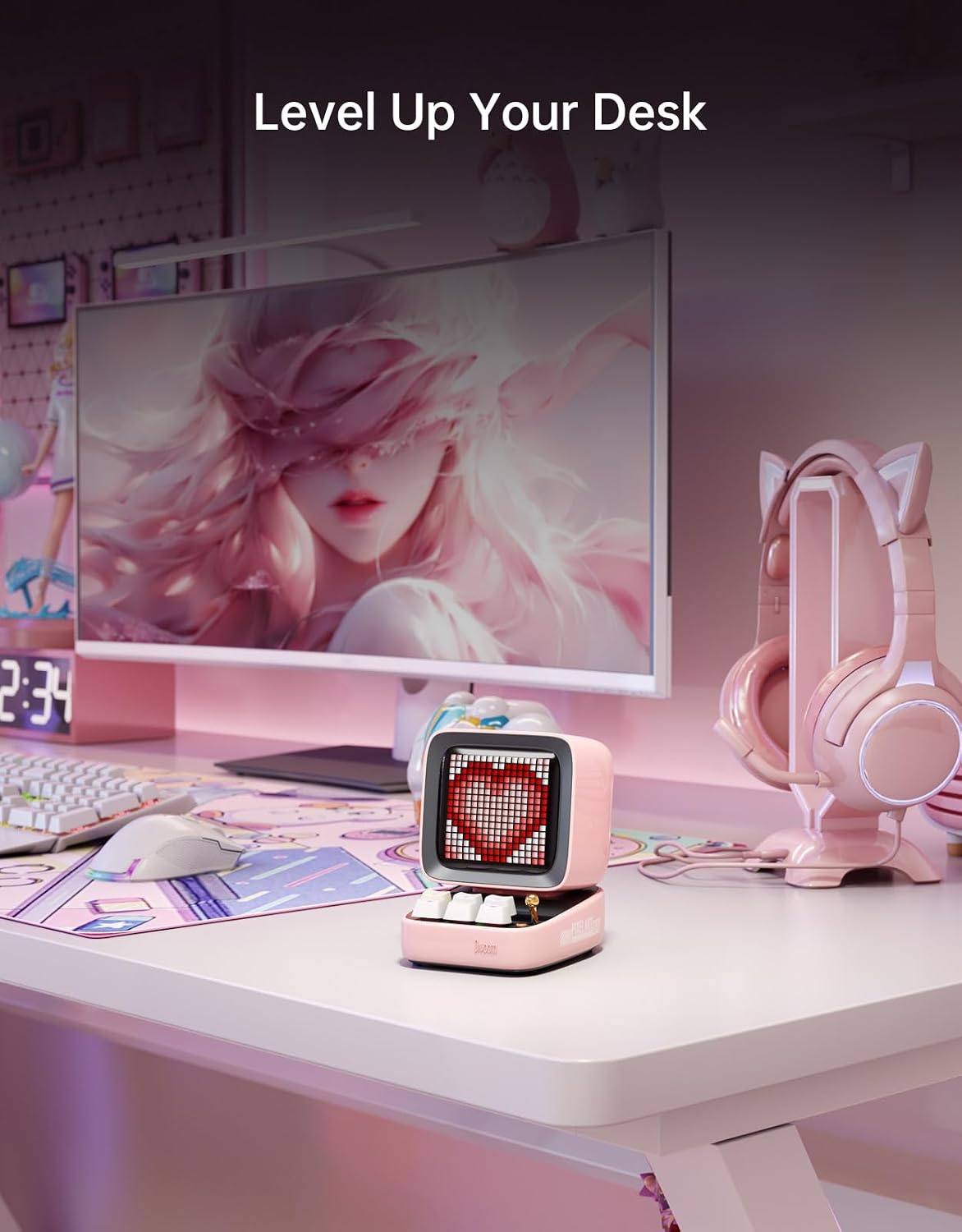 Divoom Ditoo Retro Pixel Art 15W Bluetooth Speaker.Cute Speaker with Alarm.White Noise & Mini Games.Iconic Desk Setup Speaker with 16X16 LED App Controlled Front Screen.Gifts for Anyone (Pink)