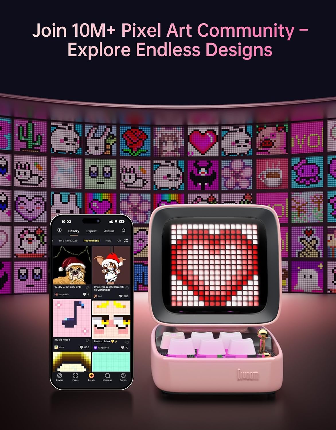 Divoom Ditoo Retro Pixel Art 15W Bluetooth Speaker.Cute Speaker with Alarm.White Noise & Mini Games.Iconic Desk Setup Speaker with 16X16 LED App Controlled Front Screen.Gifts for Anyone (Pink)