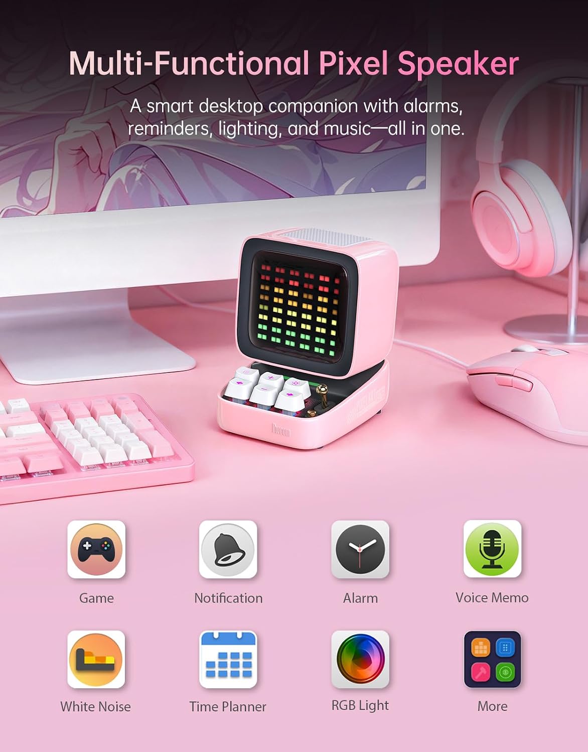 Divoom Ditoo Retro Pixel Art 15W Bluetooth Speaker.Cute Speaker with Alarm.White Noise & Mini Games.Iconic Desk Setup Speaker with 16X16 LED App Controlled Front Screen.Gifts for Anyone (Pink)