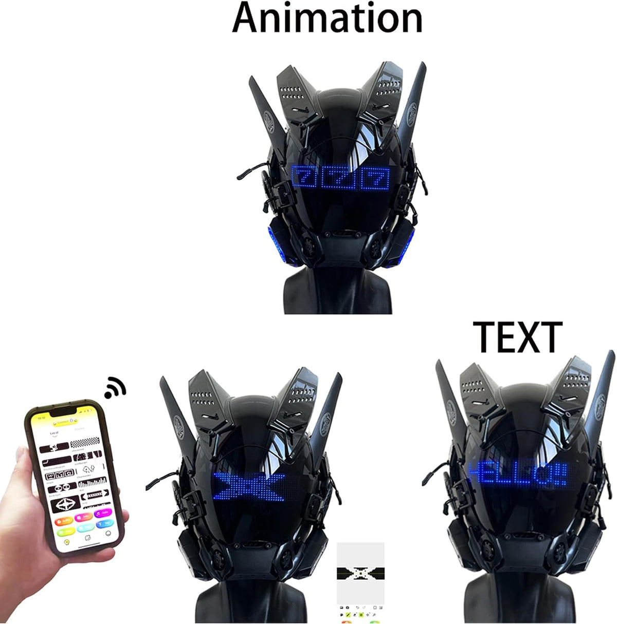 WKYBHUD Cyberpunk LED Mask. Bluetooth Mask with APP Control. Customizable LED Display for Nightclub. Party. Raves