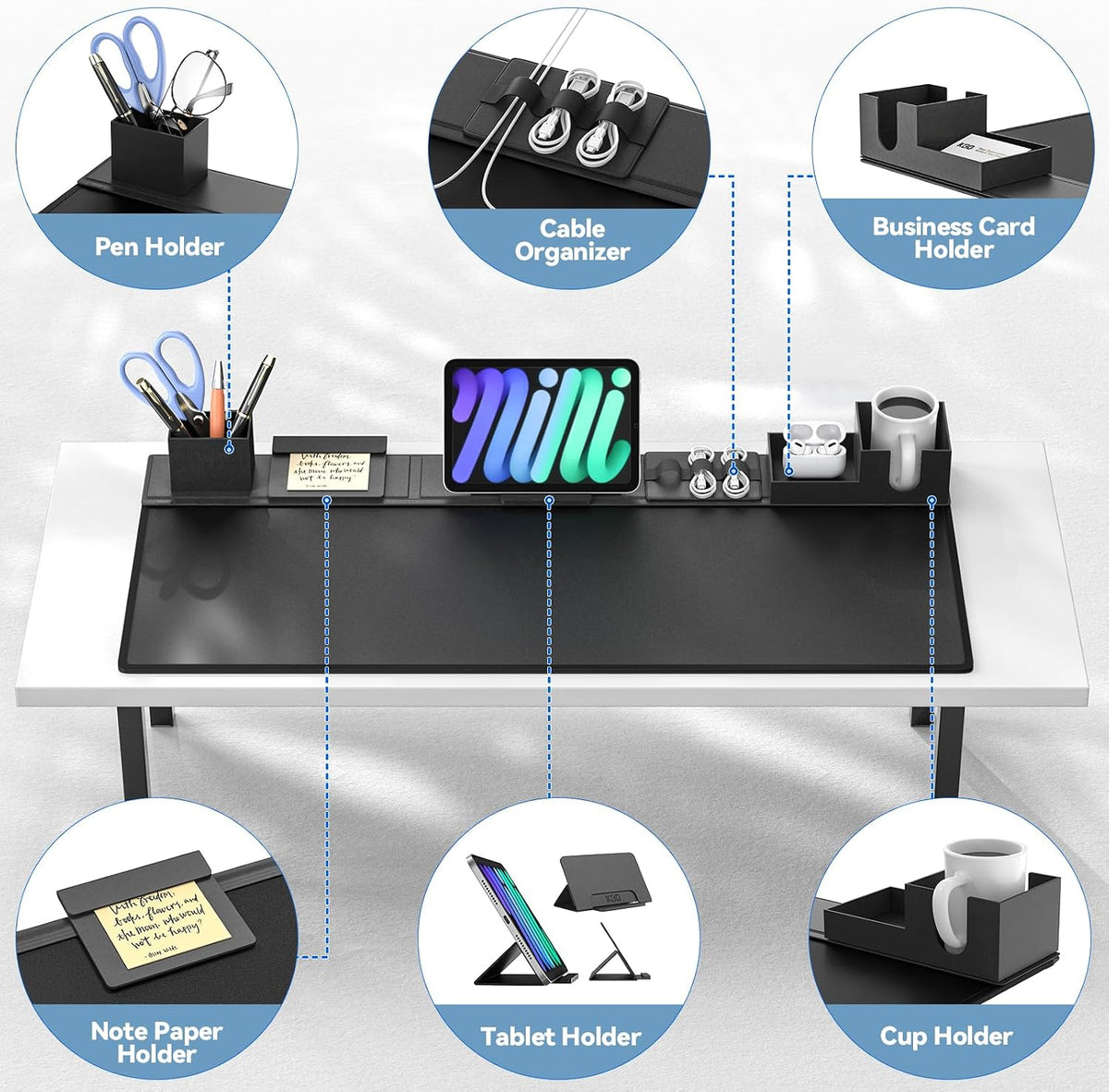 KDD Desk Pad Mat Set. 6 in 1 Mouse Mat with Magnetic Desktop Storage Accessories DIY Feature for Phone and Tablet Stand/Cup Holder/Pen Card Holder/Cable Management for Home Office Accessories