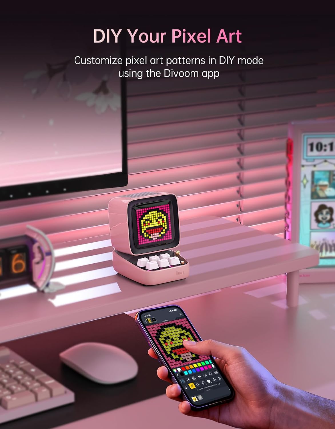 Divoom Ditoo Retro Pixel Art 15W Bluetooth Speaker.Cute Speaker with Alarm.White Noise & Mini Games.Iconic Desk Setup Speaker with 16X16 LED App Controlled Front Screen.Gifts for Anyone (Pink)