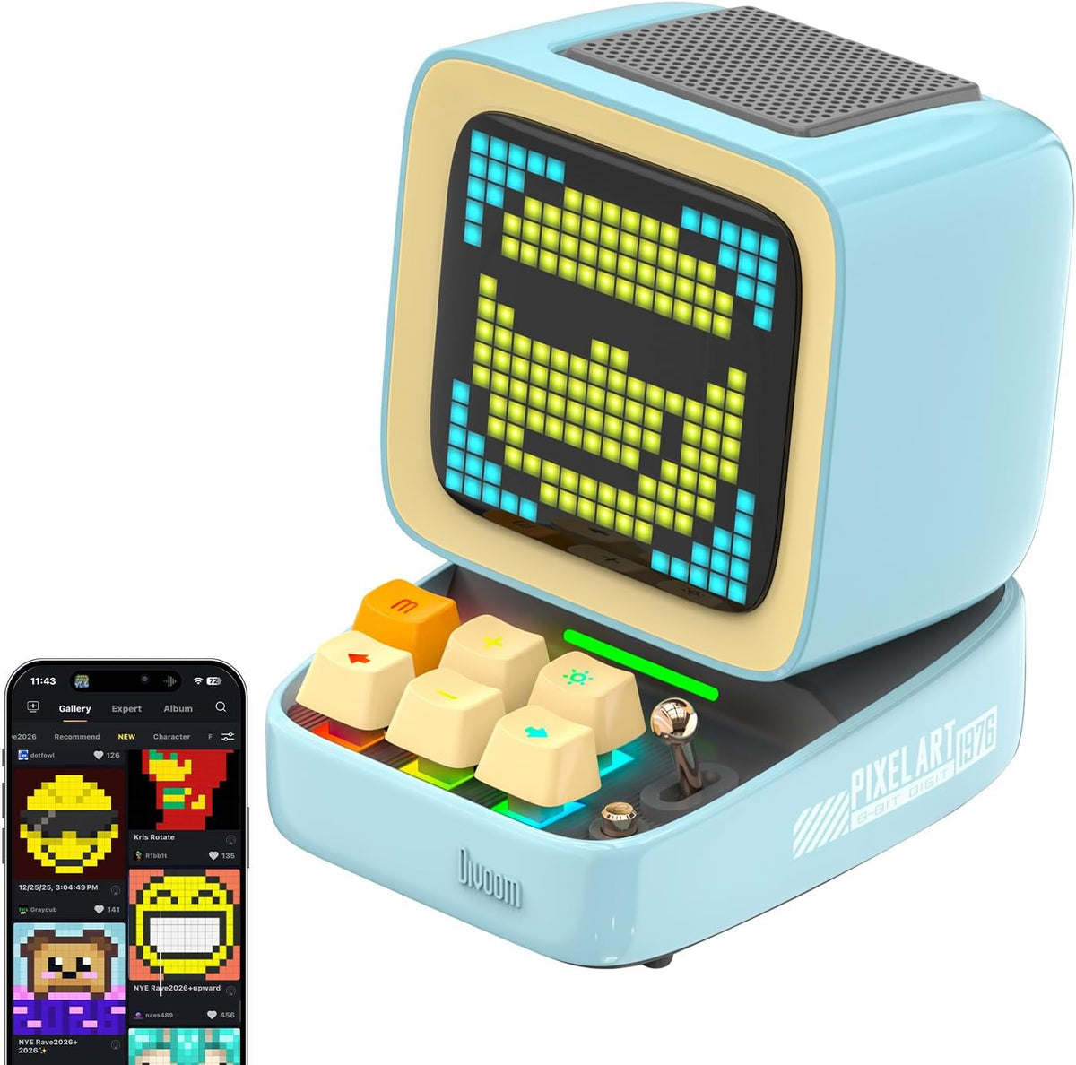 Divoom Ditoo Retro Pixel Art 15W Bluetooth Speaker.Cute Speaker with Alarm.White Noise & Mini Games.Iconic Desk Setup Speaker with 16X16 LED App Controlled Front Screen.Gifts for Anyone (Pink)