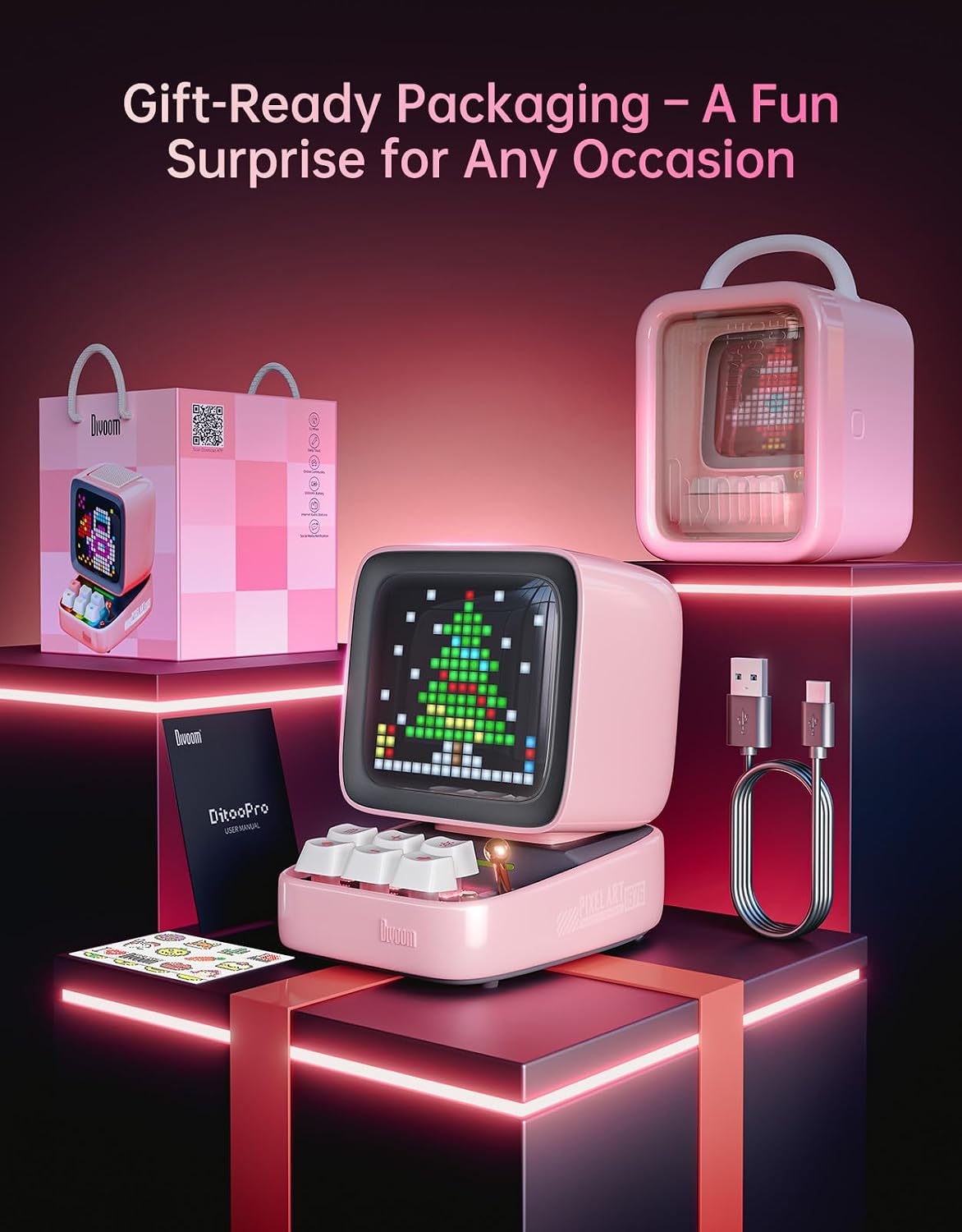 Divoom Ditoo Retro Pixel Art 15W Bluetooth Speaker.Cute Speaker with Alarm.White Noise & Mini Games.Iconic Desk Setup Speaker with 16X16 LED App Controlled Front Screen.Gifts for Anyone (Pink)