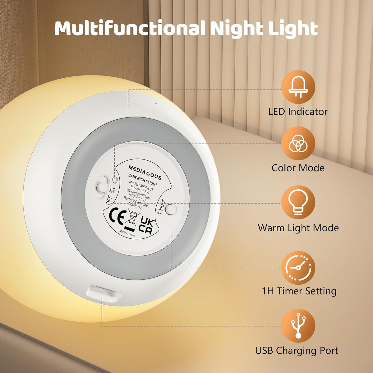 MediAcous Night Light for Kids. 7 Colors Changing Egg Light for Nursery | Stepless Dimming. Soft Silicone Touch Night Lamp with 1 Hour Timer. Rechargeable Nursery Night for Breastfeeding