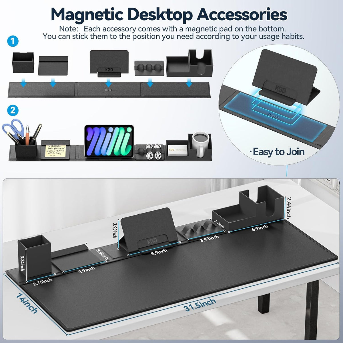 KDD Desk Pad Mat Set. 6 in 1 Mouse Mat with Magnetic Desktop Storage Accessories DIY Feature for Phone and Tablet Stand/Cup Holder/Pen Card Holder/Cable Management for Home Office Accessories