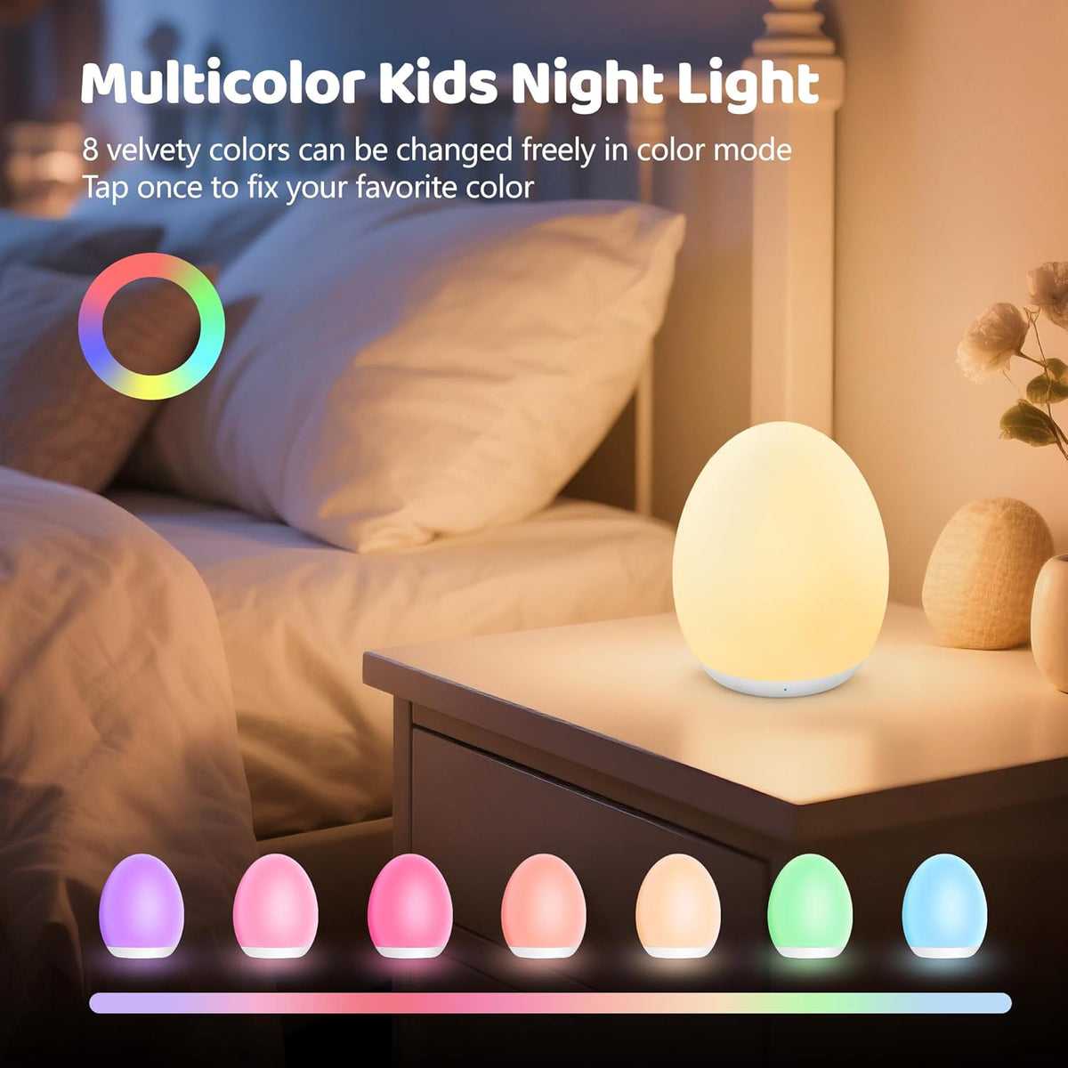 MediAcous Night Light for Kids. 7 Colors Changing Egg Light for Nursery | Stepless Dimming. Soft Silicone Touch Night Lamp with 1 Hour Timer. Rechargeable Nursery Night for Breastfeeding