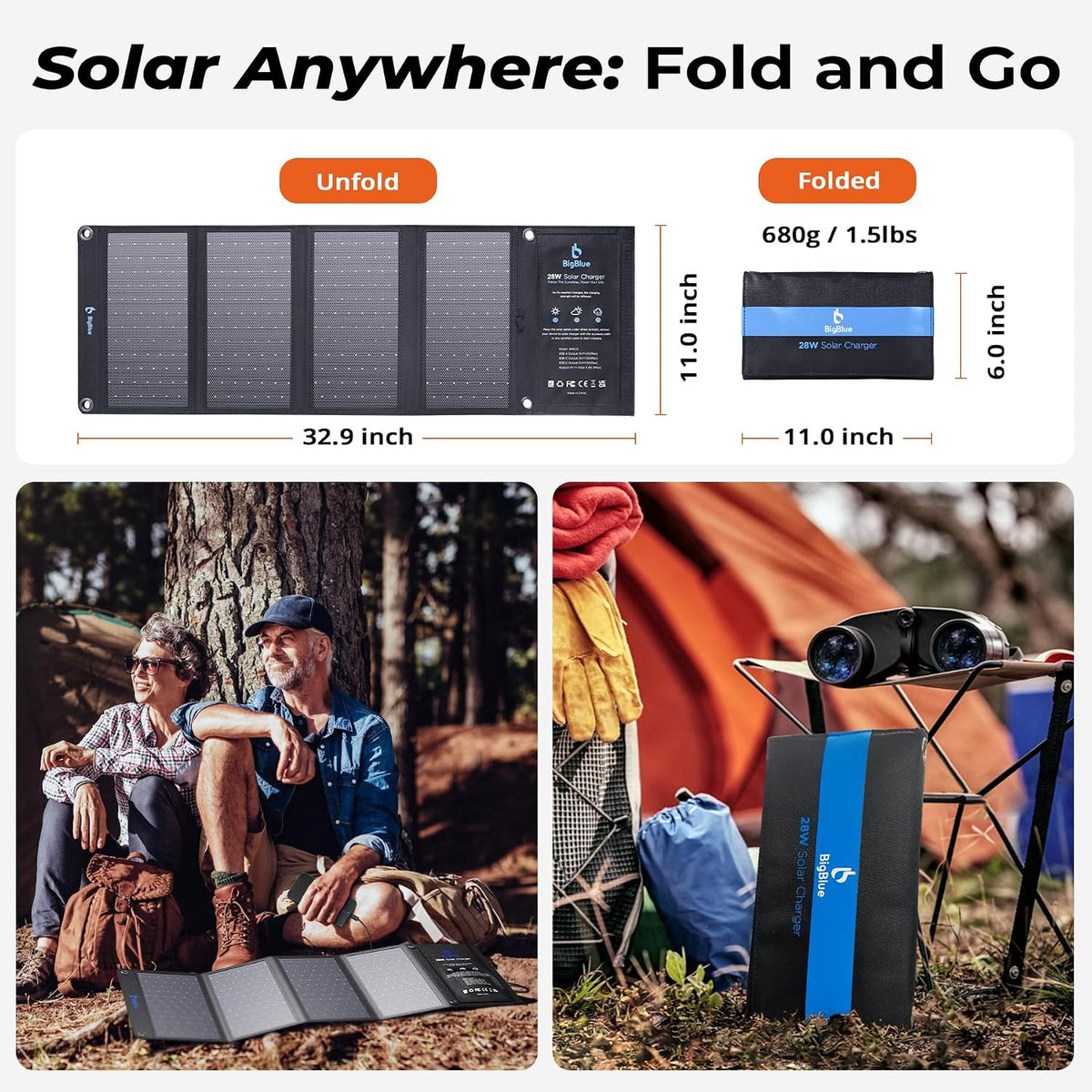 BigBlue 28W High-Efficiency Solar Panel Charger with Dual USB-C and USB-A | Solar Phone Charger for Camping. Backpacking. Folding Solar Panels for iPhone. iPad. Samsung Galaxy. Power Bank. GPS etc