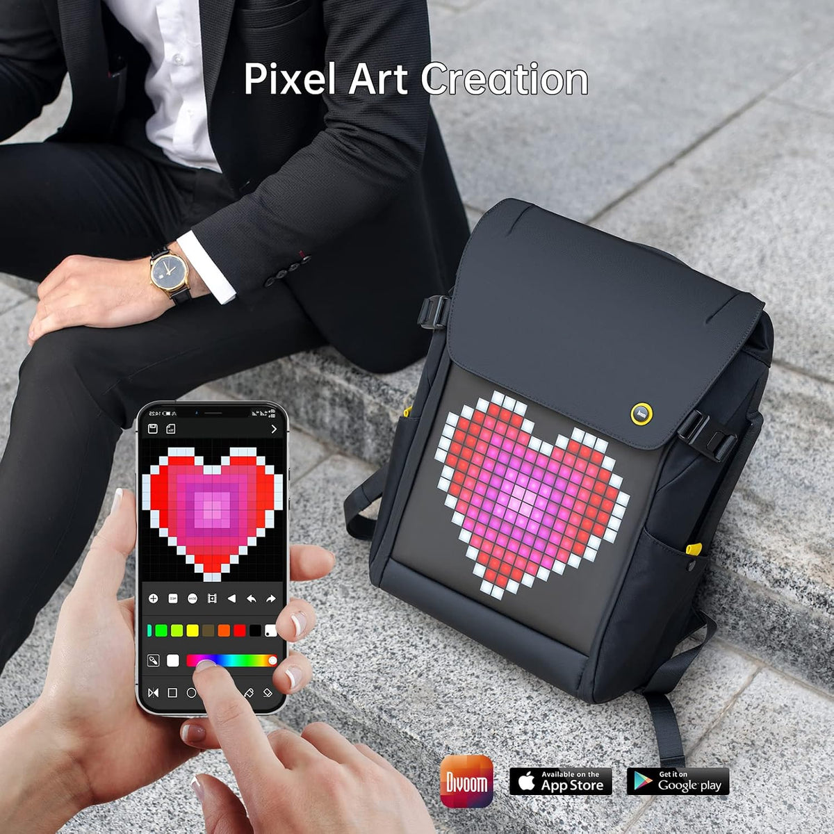 Divoom LED Display Laptop Backpack with App Control. 17 Inch Cool DIY Pixel Art Animation Fashion Backpack. Unique Gift for Men or Women