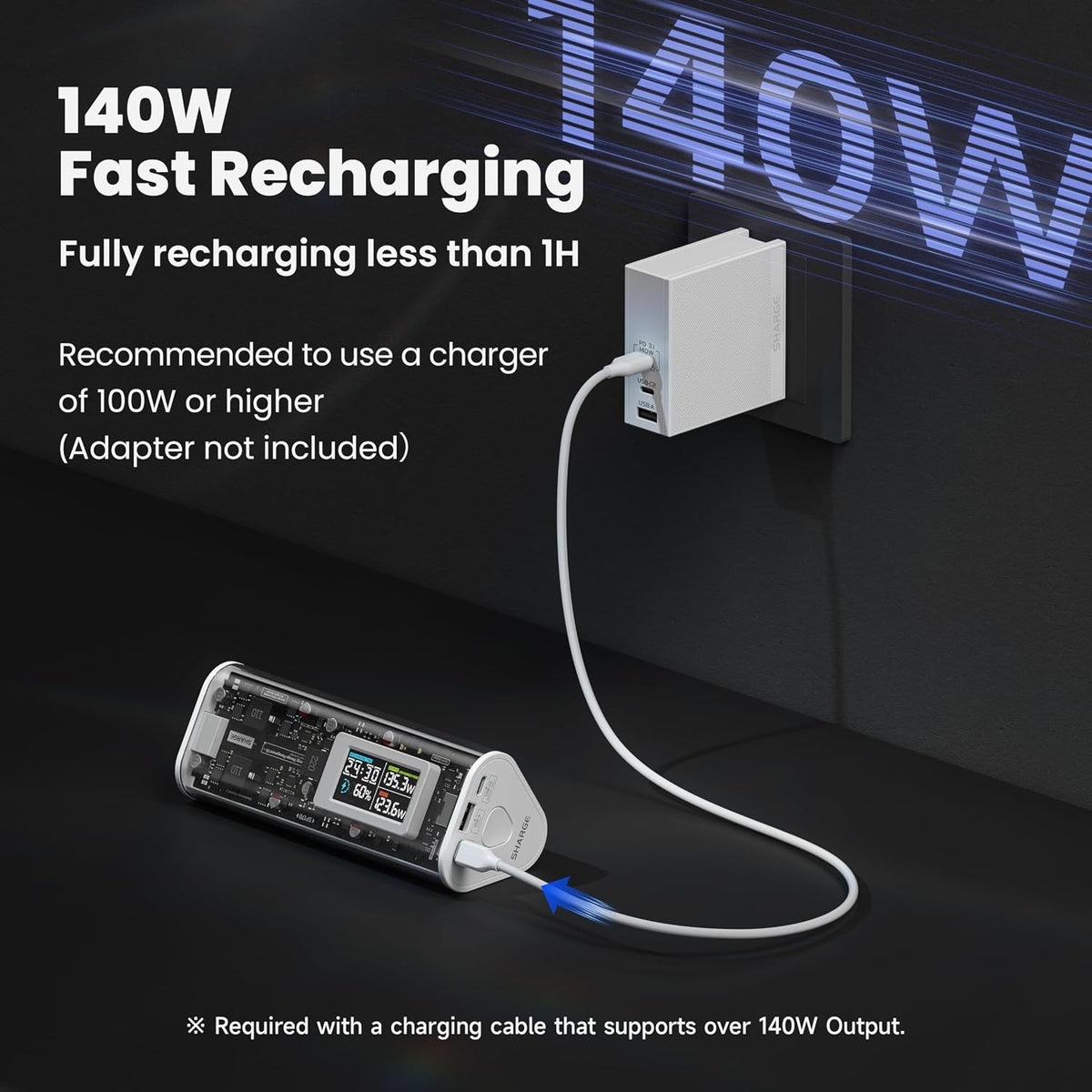 SHARGEEK 170 Power Bank. 140W Portable Charger 24000mAh | 86.4Wh High Capacity Battery Pack with Smart Display. 170W Total Output for for MacBook. iPhone 18 Pro