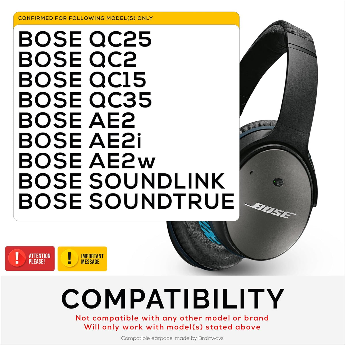 Replacement Earpads for Bose QuietComfort QC 15 25 35 Premium Ear Pads QC15 QC25 QC35 AE2 & SoundLink. Memory Foam. Soft & Long Lasting by Brainwavz