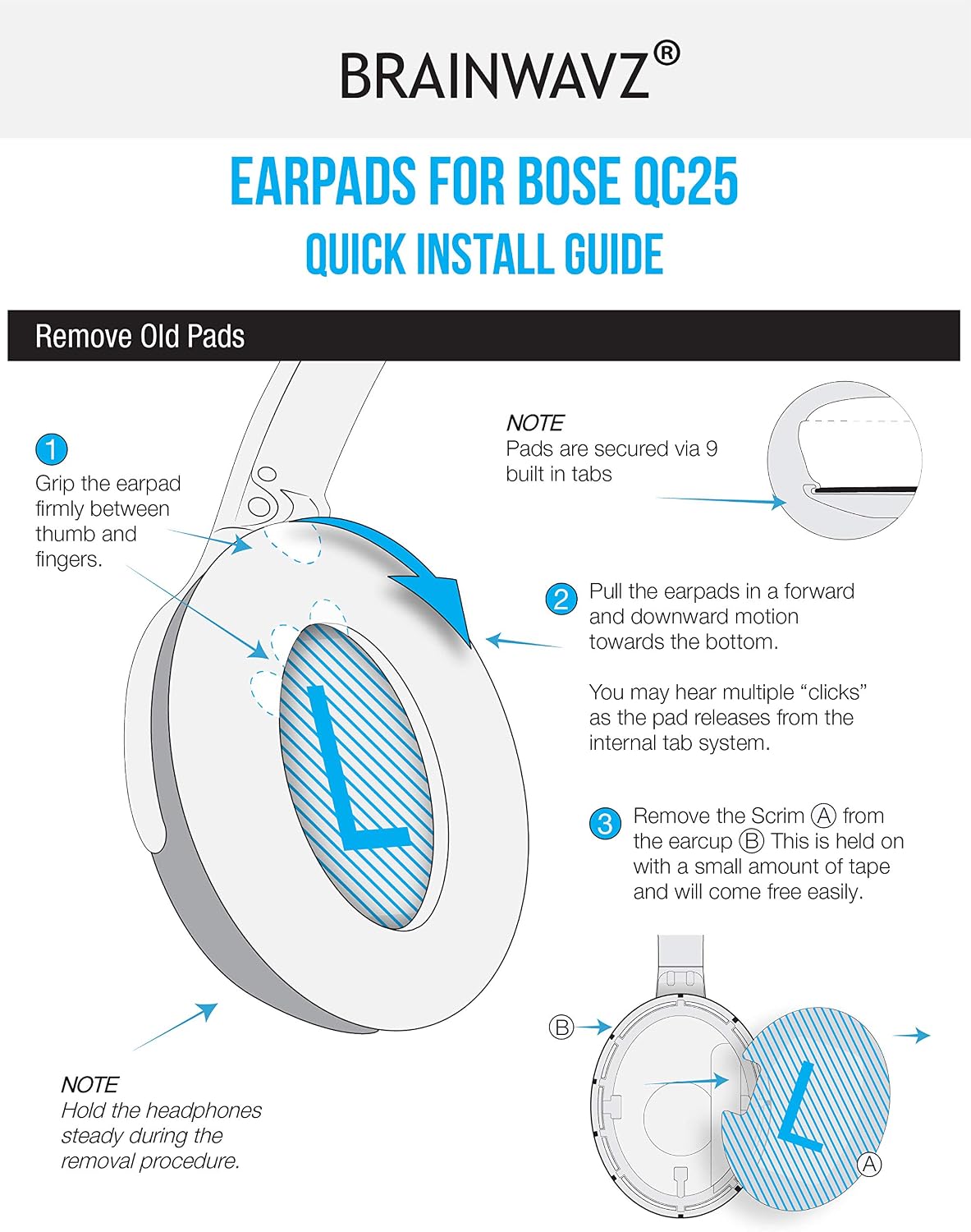 Replacement Earpads for Bose QuietComfort QC 15 25 35 Premium Ear Pads QC15 QC25 QC35 AE2 & SoundLink. Memory Foam. Soft & Long Lasting by Brainwavz